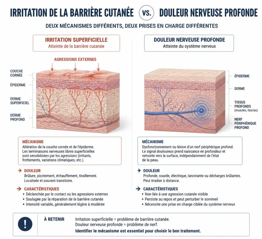 Schéma explicatif des causes de la sensation de brûlure sur la peau : origine cutanée vs neurologique