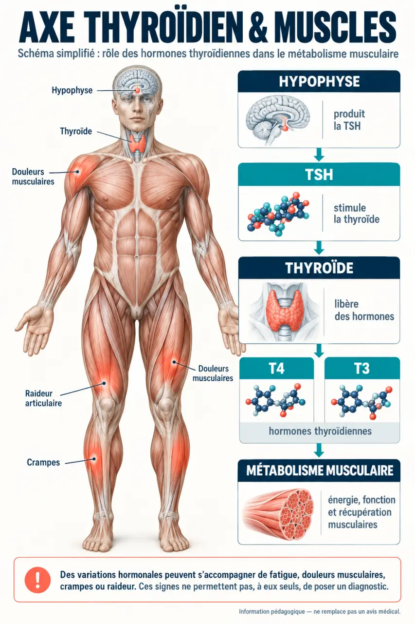 Schéma expliquant le lien entre hypothyroïdie et douleurs musculaires et articulaires