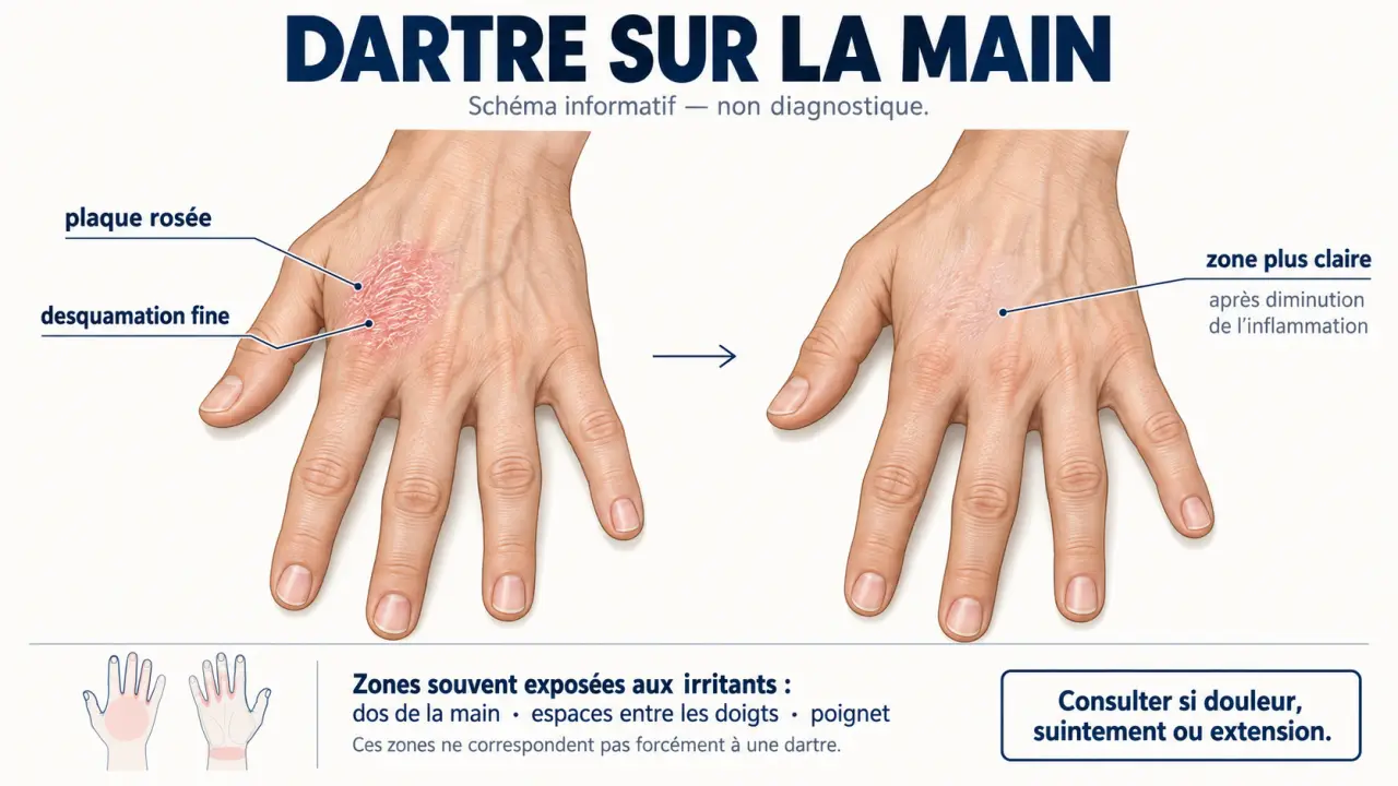 Schéma illustré d’une dartre sur la main montrant une plaque sèche puis une zone plus claire
