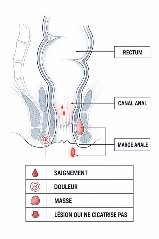 Schéma du symptome du cancer de l anus montrant la marge anale et le canal anal