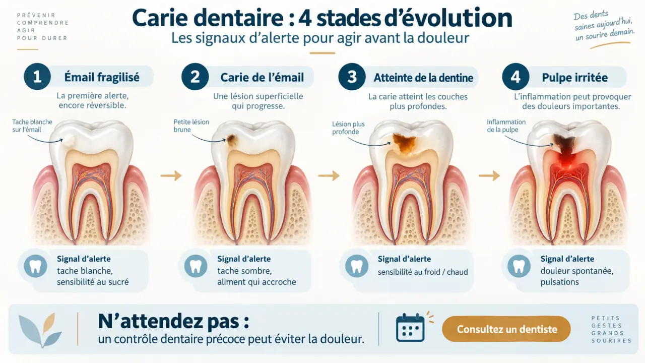 Carie dentaire : 4 stades d'évolution et les signaux d'alerte pour agir avant la douleur