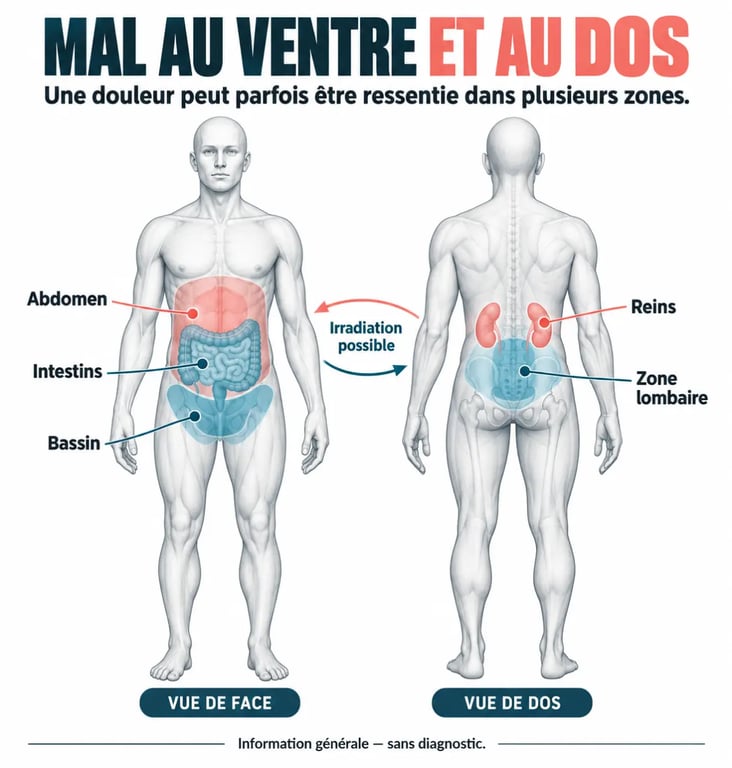 Schéma expliquant les zones concernées par un mal au ventre et au dos
