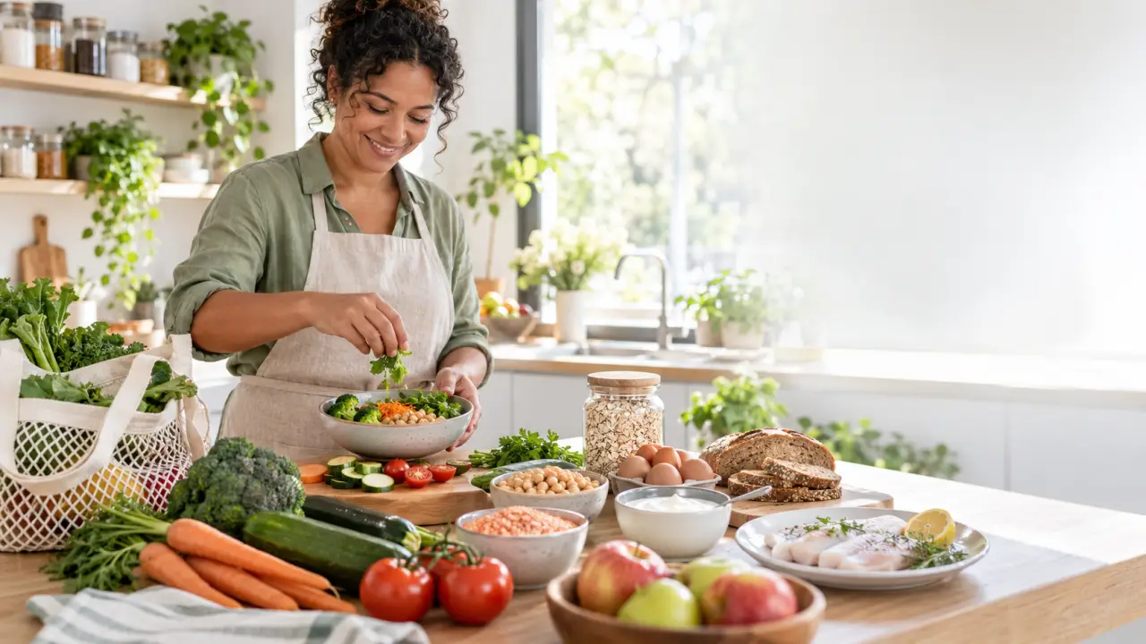 Panier de courses composé de légumes, de légumineuses et de produits simples pour une alimentation équilibrée