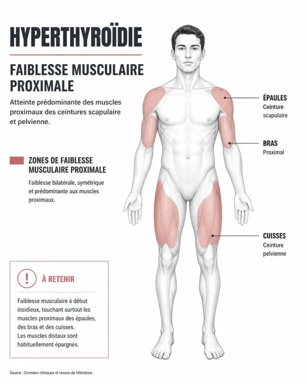 Schéma des zones de douleurs musculaires liées à l'hyperthyroïdie sur bras et cuisses