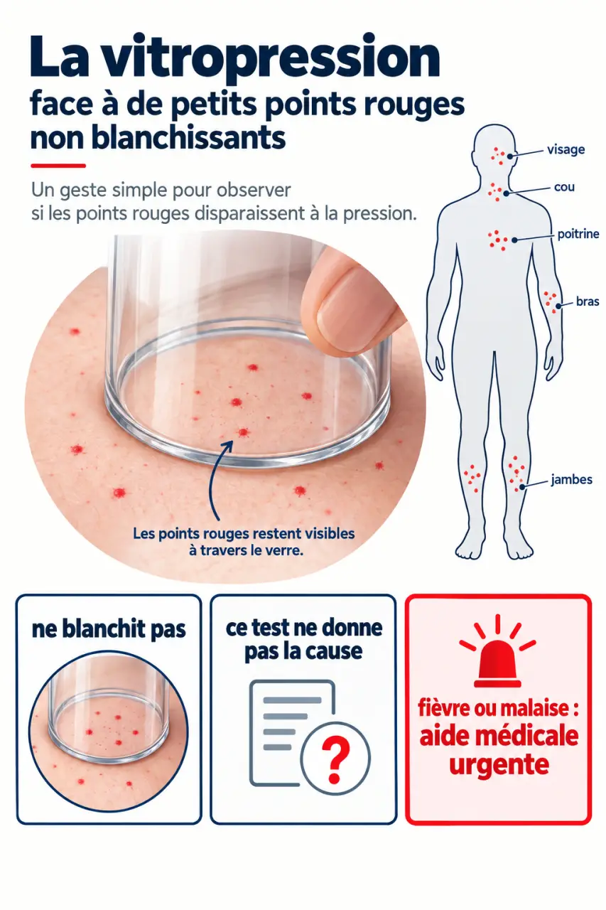 Illustration explicative de petites taches rouges sur la peau et du test de vitropression