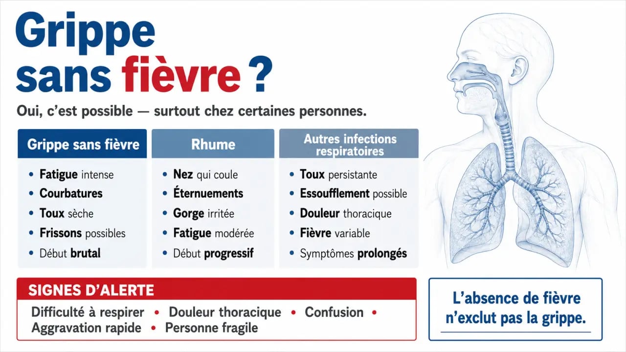 Peut on avoir la grippe sans fievre ? Infographie comparative des symptômes, différences avec le rhume et signes d’alerte