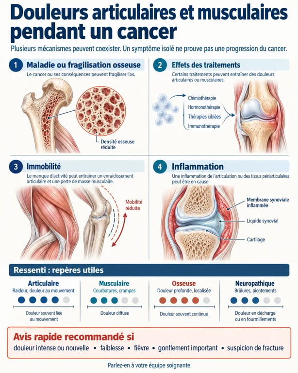 Infographie sur les douleurs articulaires et musculaires liées au cancer, leurs causes et les signes d’alerte