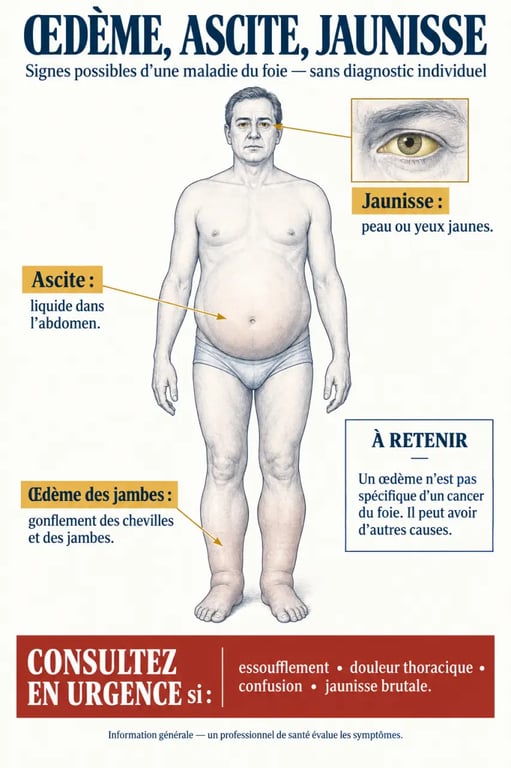 Jambes enflées cancer du foie : schéma comparant œdème des jambes, ascite et jaunisse
