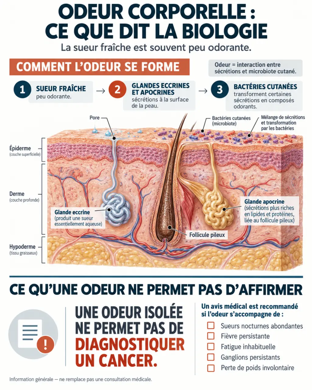 Schéma expliquant le changement odeur transpiration cancer et la différence entre odeur isolée et symptômes associés