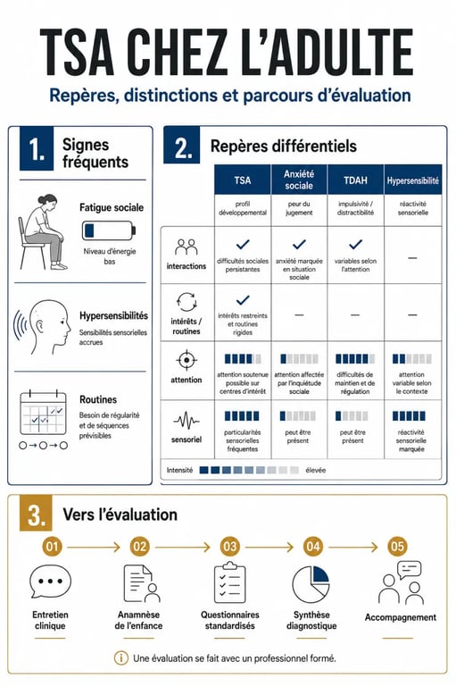 Infographie sur le trouble spectre autistique adulte : signes, diagnostic différentiel et accompagnement