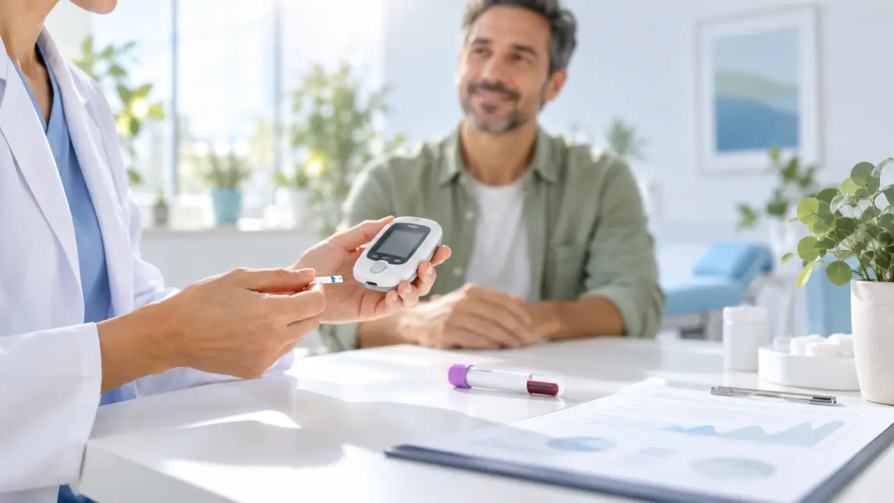Professionnel de santé expliquant les résultats d'un bilan de glycémie à un patient