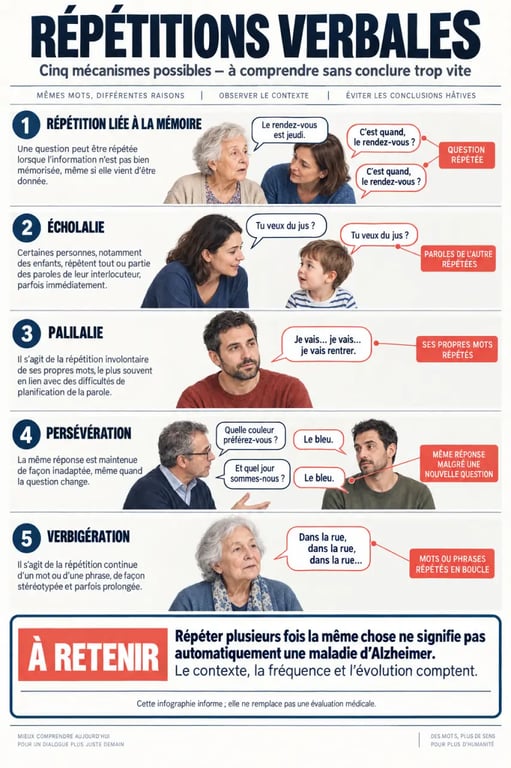 Personne qui répète plusieurs fois la même chose : infographie sur la mémoire, l’écholalie, la palilalie et la persévération