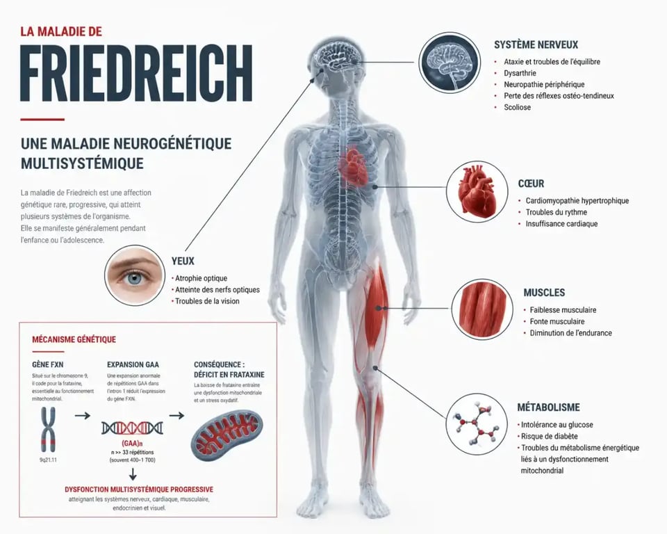 Schéma de la maladie de Friedreich montrant les atteintes neurologiques, cardiaques et génétiques