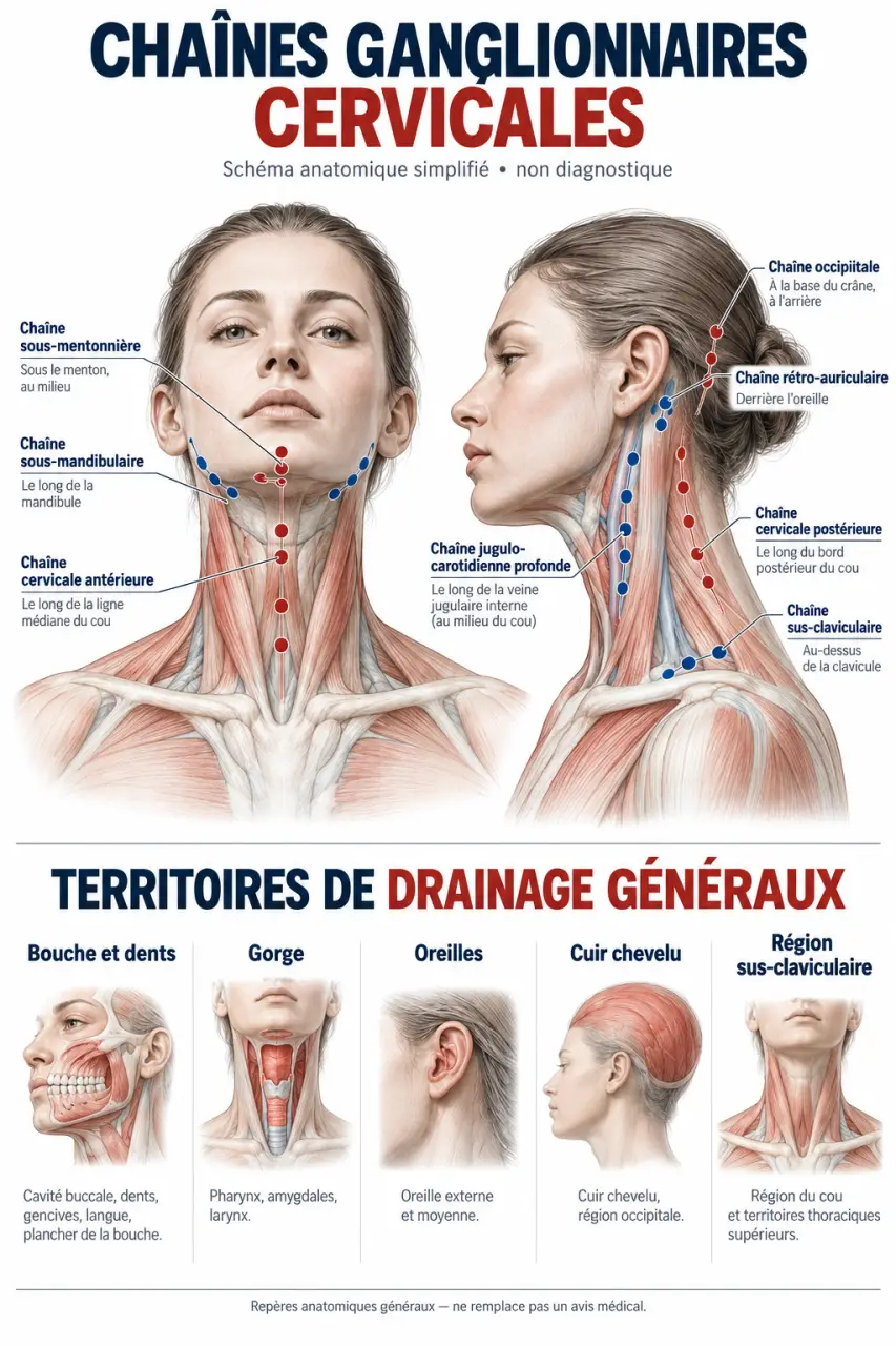 Schéma des ganglions du cou douloureux et des zones de drainage cervicales