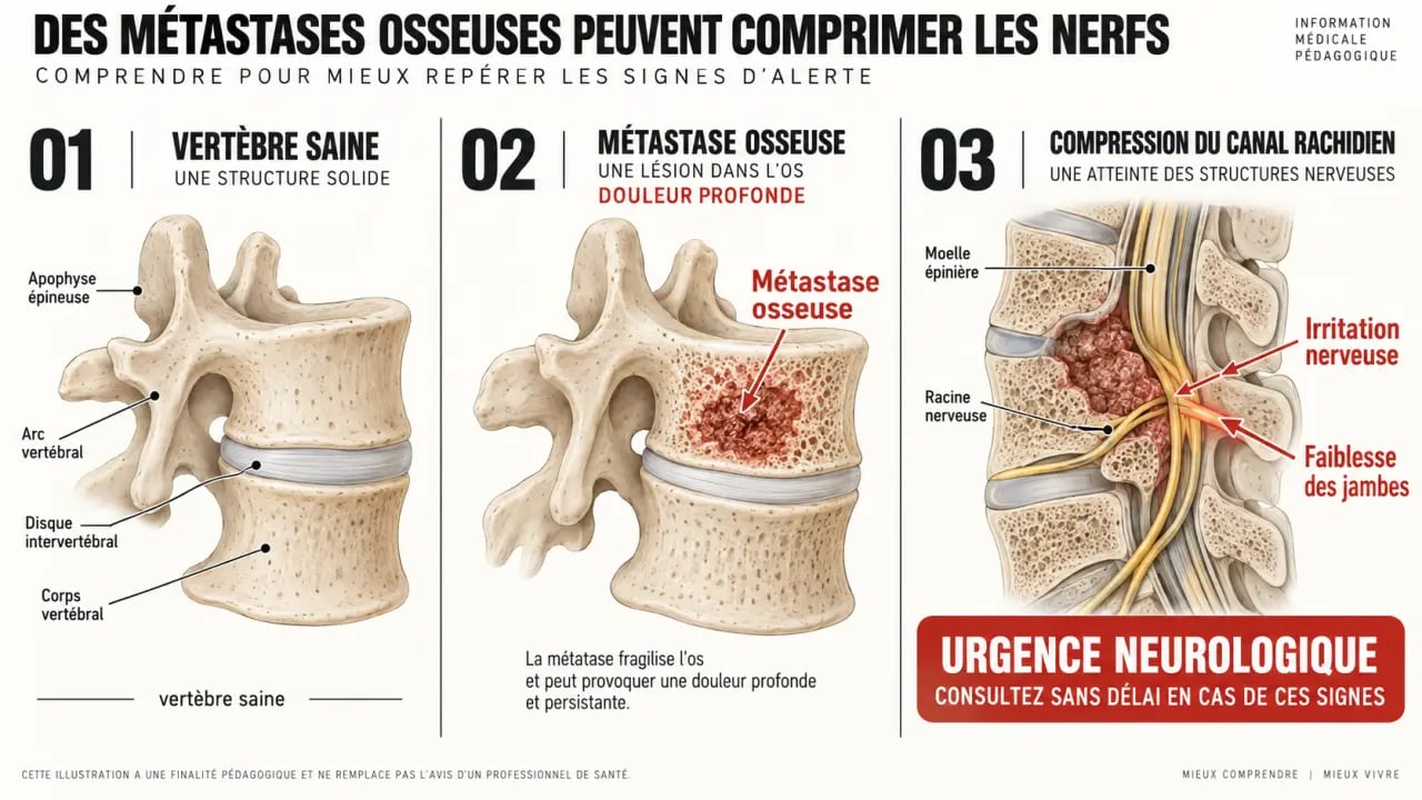 Schéma expliquant le lien entre fatigue, mal de dos et cancer avec métastase osseuse et compression nerveuse