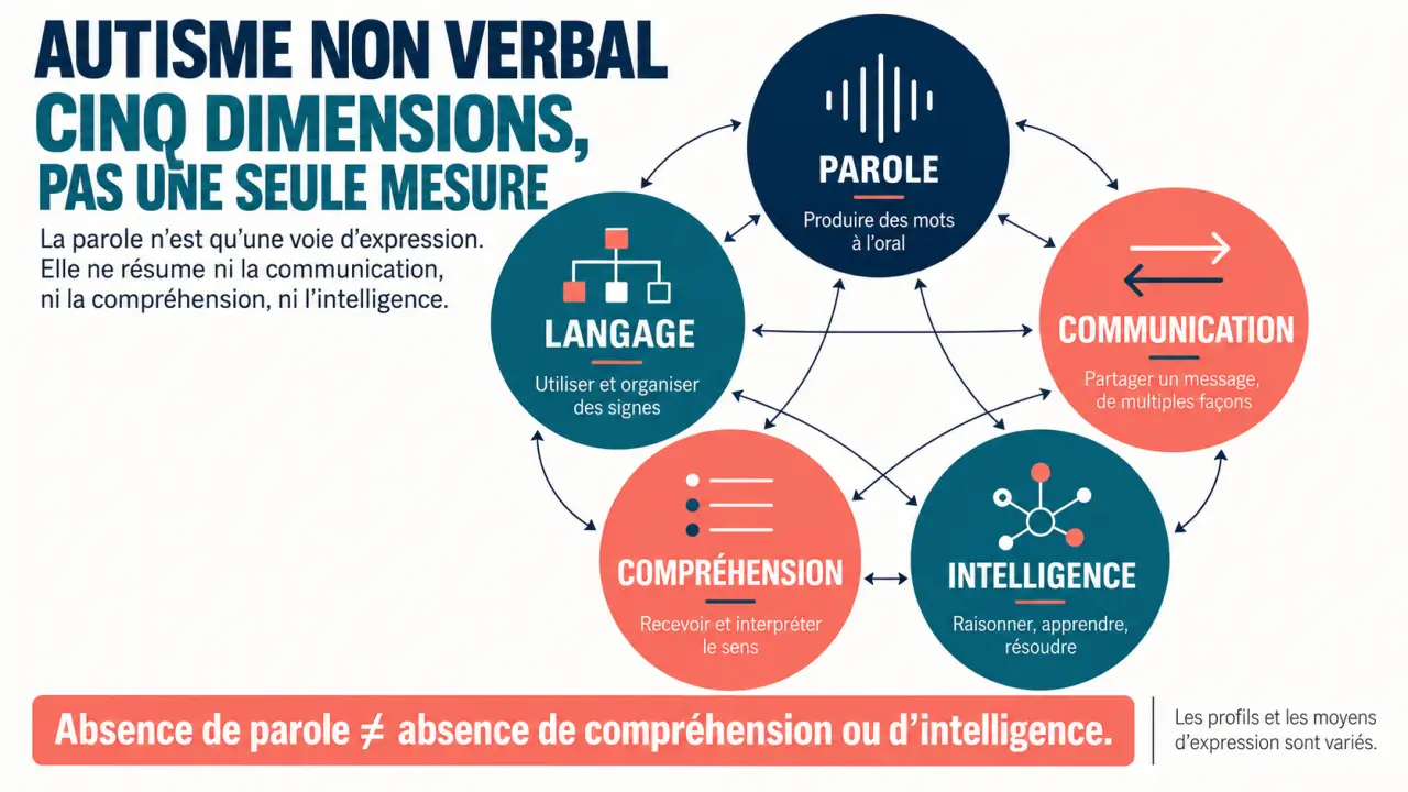 Infographie sur l’autisme non verbal et la différence entre parole, communication, compréhension et intelligence