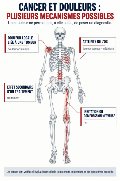 Schéma expliquant quel cancer provoque des douleurs articulaires et les différents mécanismes possibles
