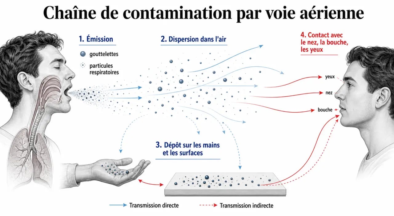 Comment se transmettent les infections virales par voie aérienne : schéma du trajet toux, gouttelettes, air, mains et muqueuses