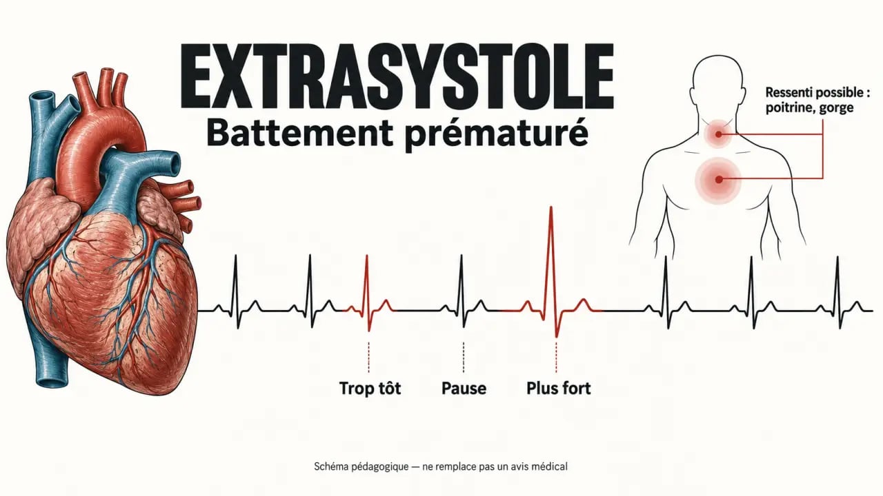 Schéma expliquant la sensation de cœur qui saute dans la gorge lors d'une extrasystole