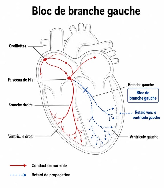 Schéma du bloc de branche gauche montrant le trajet électrique du cœur