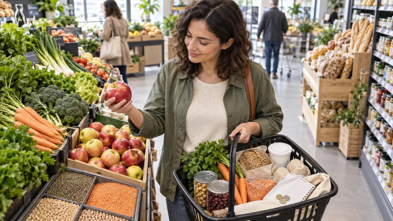 Panier de courses composé de légumes, légumineuses et aliments simples pour une alimentation adaptée au diabète