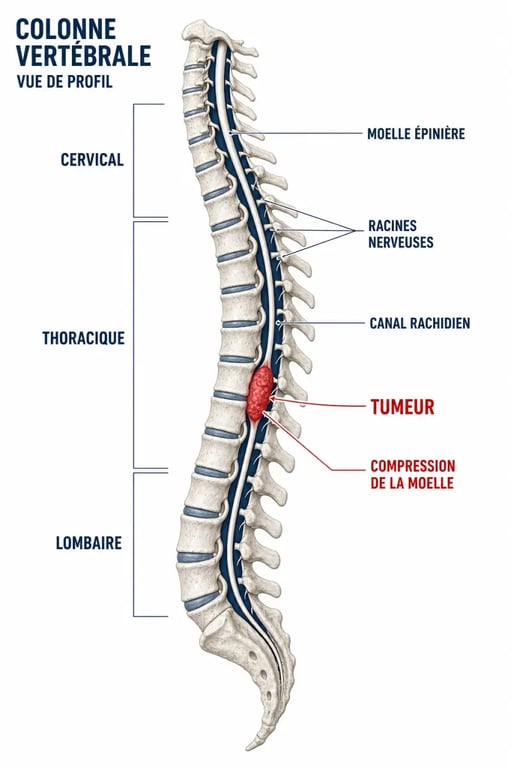 Tumeur dans le dos symptômes : schéma de compression de la moelle épinière dans la colonne vertébrale