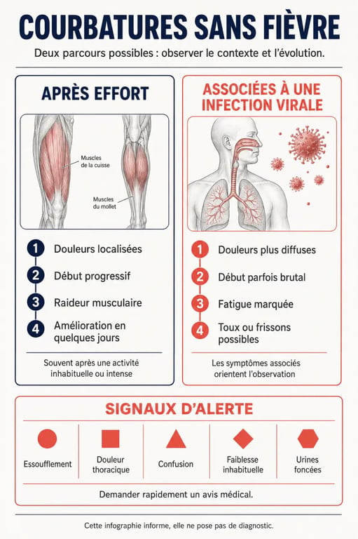 Infographie sur les courbatures sans fievre, les causes possibles et les signes d’alerte