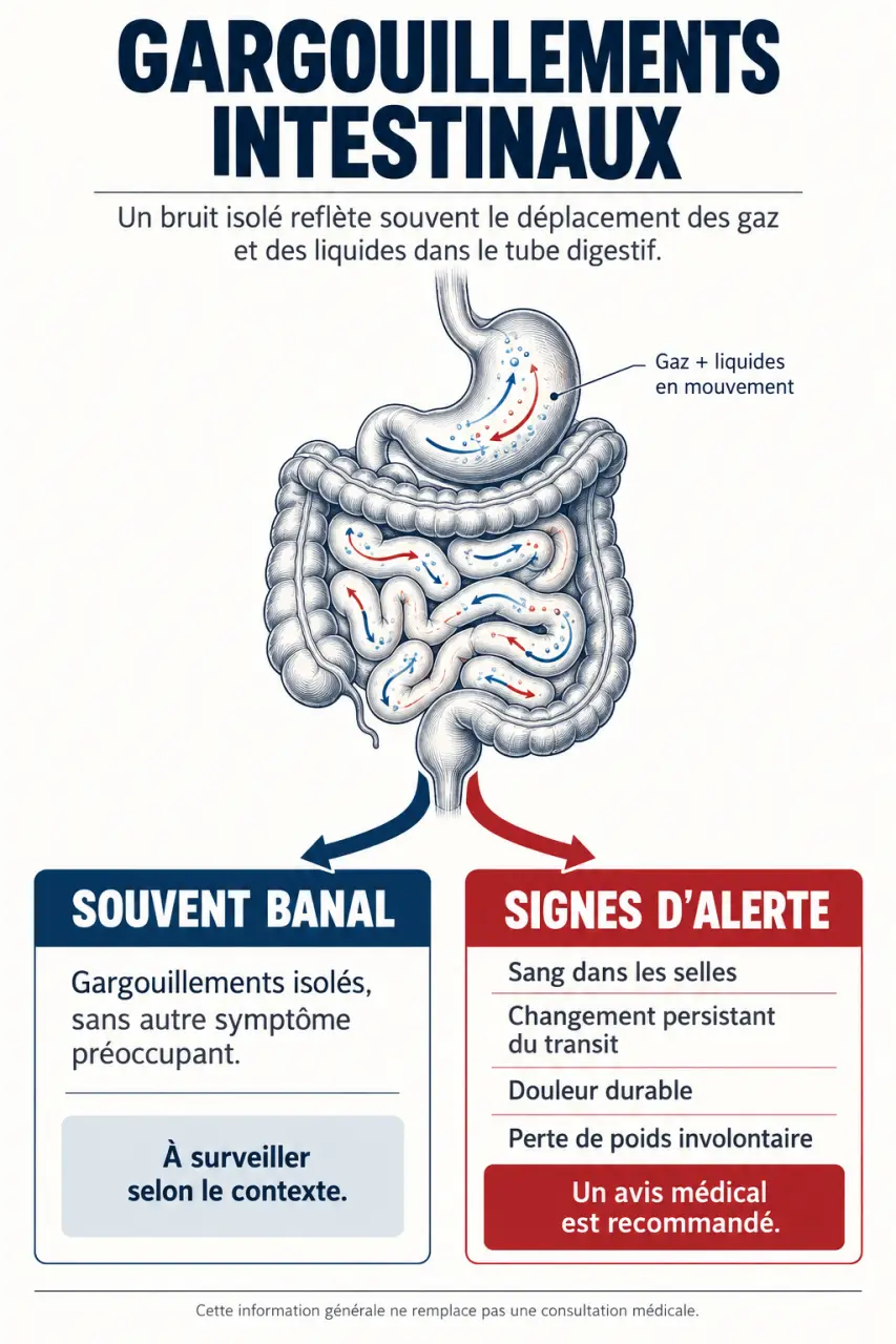 Schéma explicatif sur le ventre qui gargouille et les signes d’alerte associés au cancer colorectal
