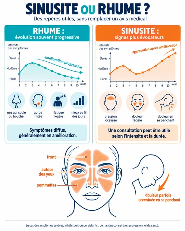 Infographie sinusite ou rhume : évolution des symptômes et signes distinctifs