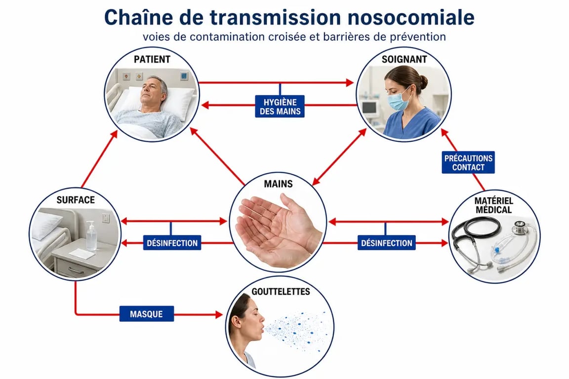 Schéma des modes de transmission d’une bactérie nosocomiale entre patient, soignant et environnement hospitalier