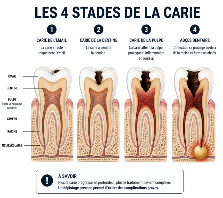 Schéma des stades de la carie dentaire : symptômes et évolution de l'émail à l'abcès