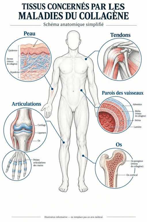 Schéma des maladies du collagène et de leurs symptômes dans la peau, les articulations, les os et les vaisseaux