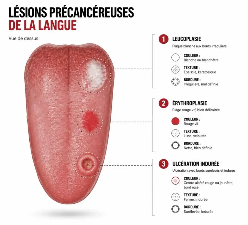 Schéma comparatif symptôme cancer langue photo : leucoplasie, érythroplasie et ulcération indurée