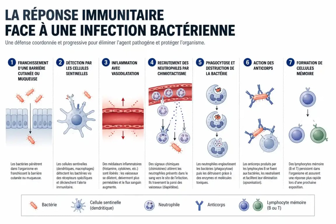 Schéma expliquant comment le système immunitaire combat une infection bactérienne