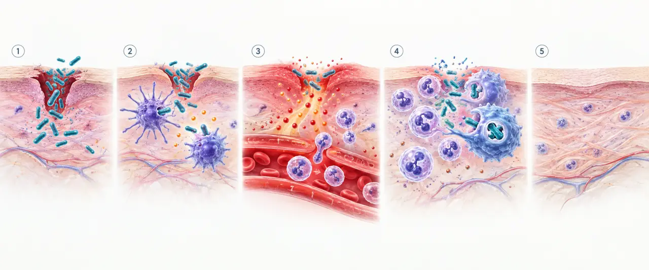 Le système immunitaire combat une infection bactérienne en cinq étapes coordonnées