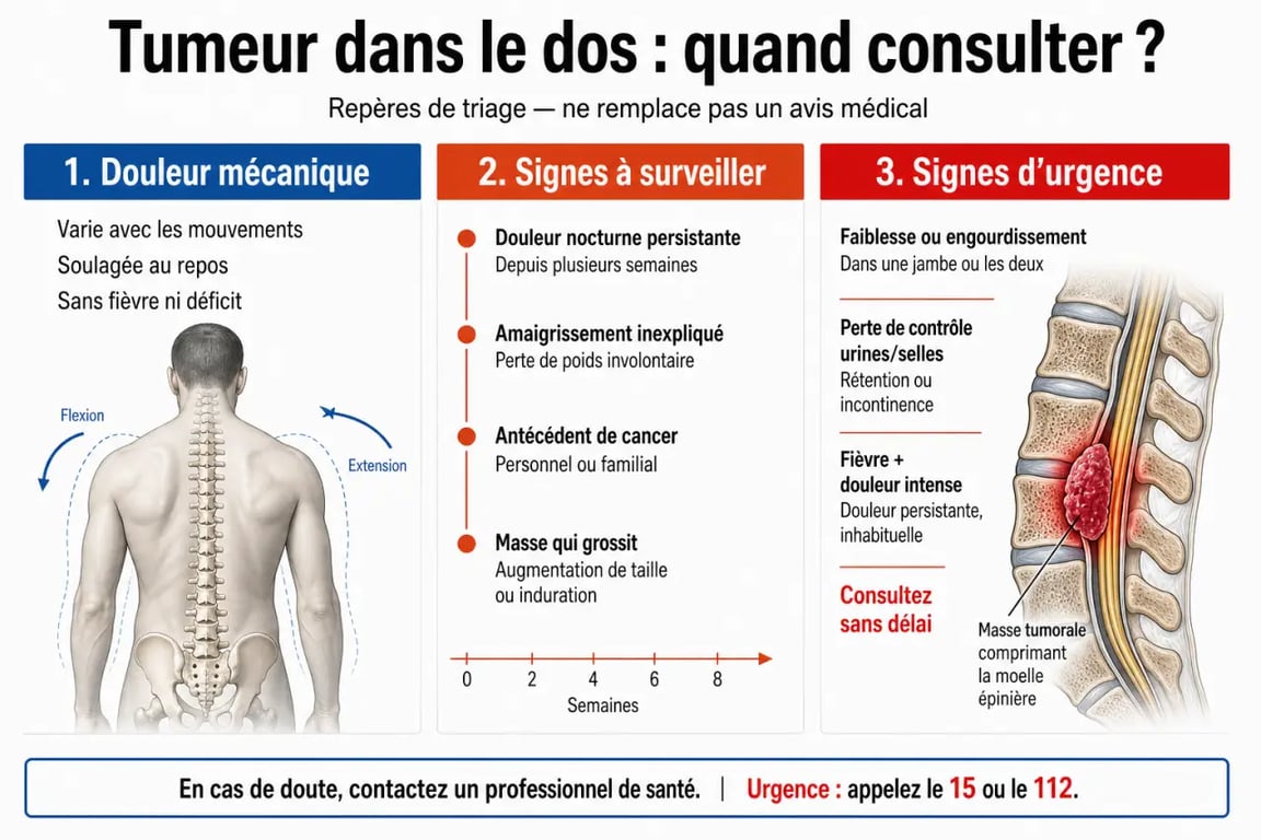 Tumeur dans le dos symptômes : niveaux d’alerte pour savoir quand consulter rapidement