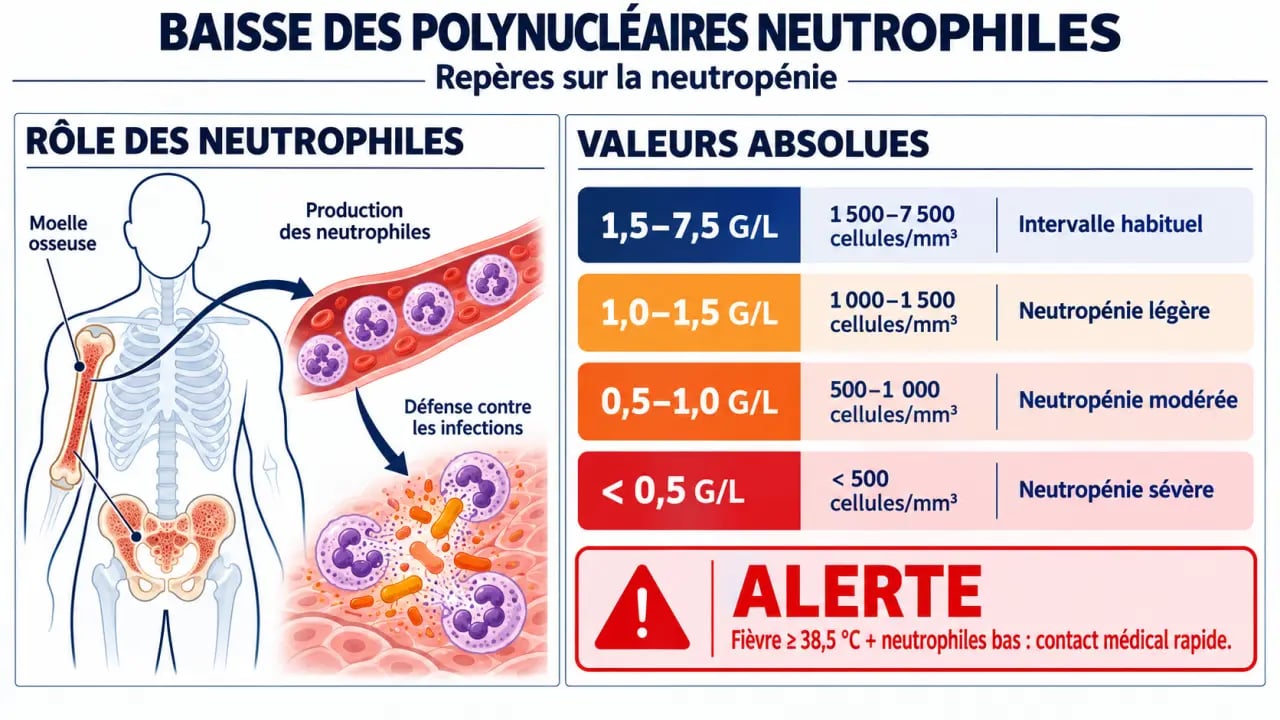 Infographie sur la baisse des polynucléaires neutrophiles, les seuils de neutropénie et le risque infectieux