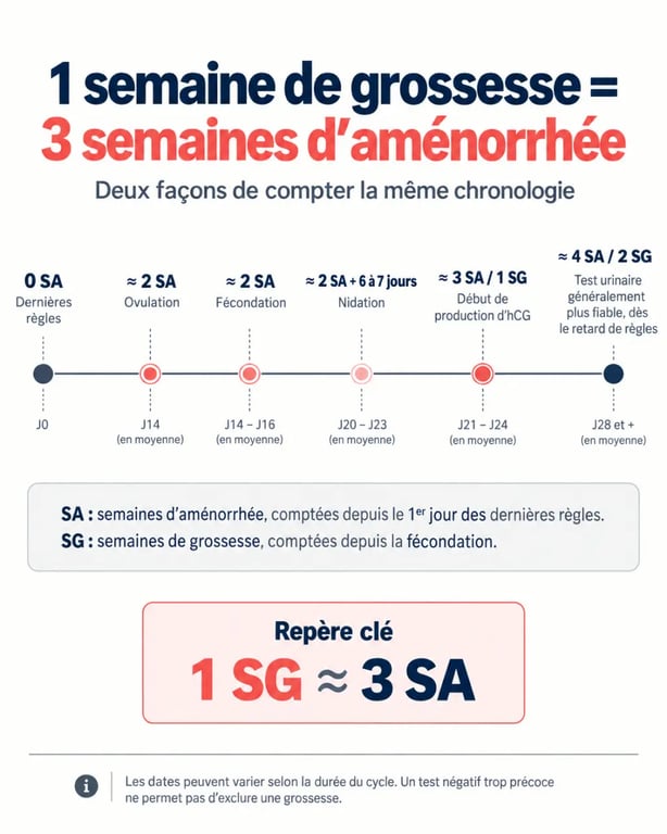 Infographie sur les symptômes grossesse 1 semaines, la différence entre SG et SA et le moment du test de grossesse