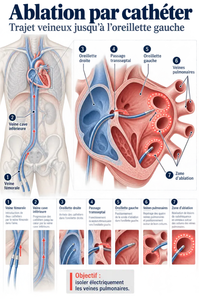 Schéma simplifié d’une ablation du coeur par cathéter et de l’isolation des veines pulmonaires